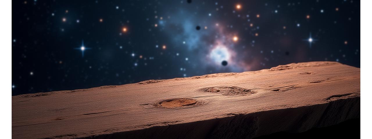 Stjerneklar nattehimmel over et stykke drivtømmer, der symboliserer Kosmos Designs inspiration og materialer