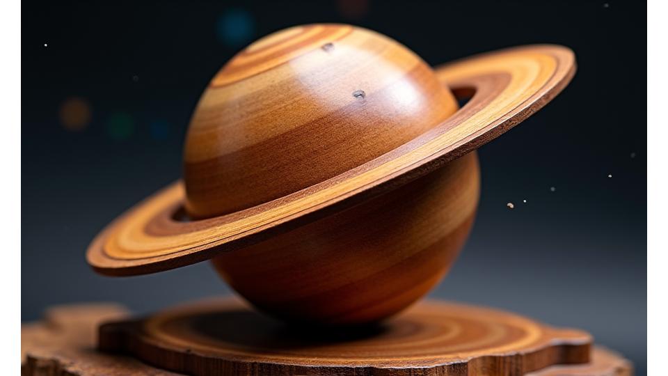 En detaljeret træudskæring af en planet med ringe, der symboliserer Kosmos Designs håndværk