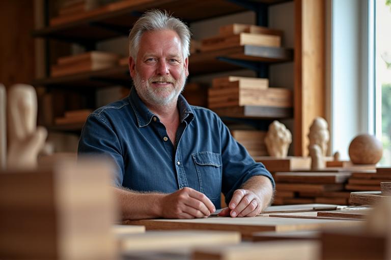 Søren Dahl, grundlægger af Kosmos Design, i sit værksted, omgivet af træarbejder og værktøj.